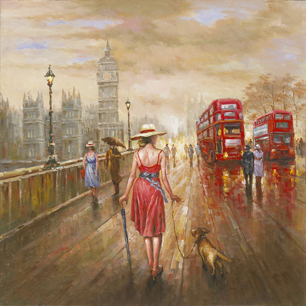 PXYW571A Wall décor art oil on canvas streetscene London red brown tones